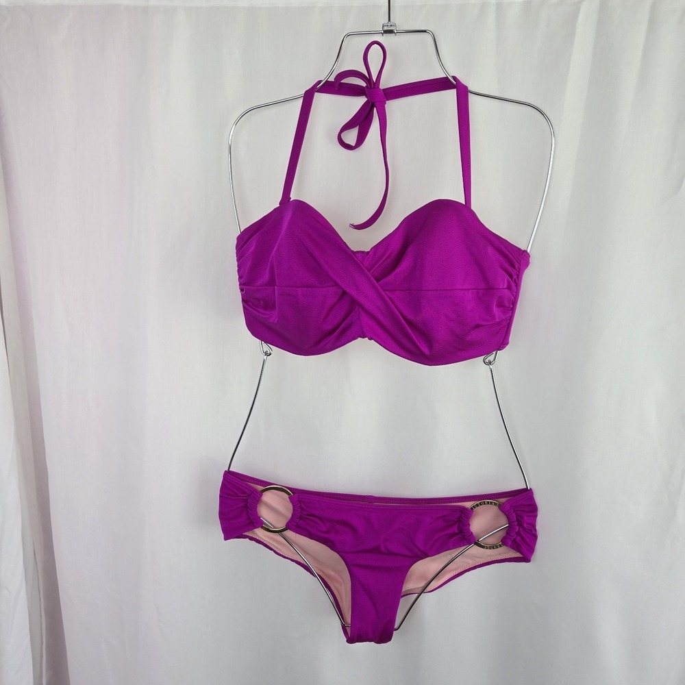 Victoria's Secret Fushia Bikini Twist Front Top 34DD Gold Ring Bottoms Size S